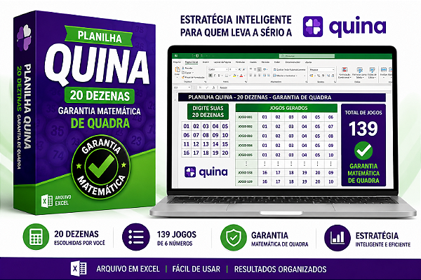 Planilha Quina - 20 Dezenas com Garantia Matemática de Quadra