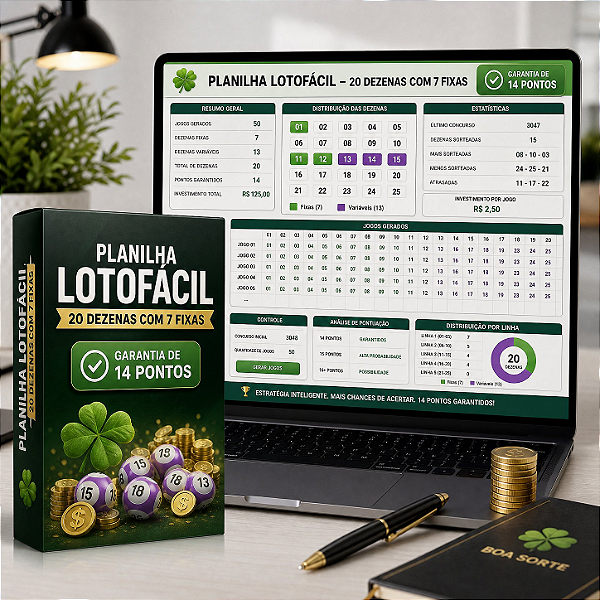PLANILHA LOTOFACIL | 20 DEZENAS COM 7 FIXAS PARA 14 PONTOS