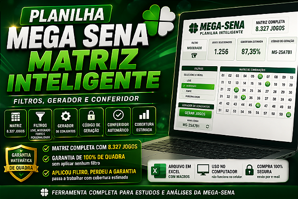 Planilha Mega Sena | Matriz Inteligente com Filtros, Gerador e Conferidor