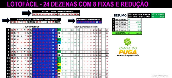Planilha Lotofacil - 24 Dezenas com 8 Fixas e Redução
