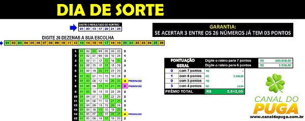 Planilha Dia de Sorte - 26 Dezenas Se Acertar 3 Já Garante 3 Pontos
