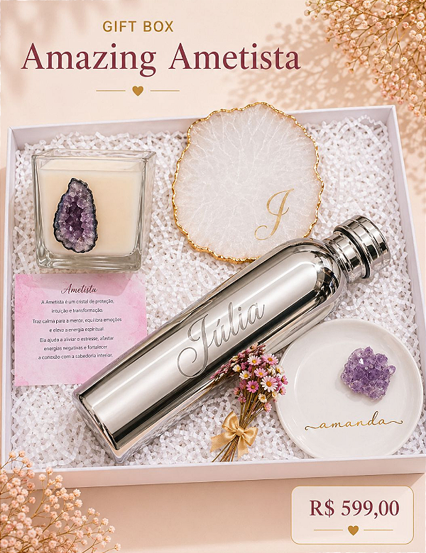 AMAZING AMETISTA | GARRAFA TÉRMICA PRATA | VELA E PORTA JOIAS AMETISTA | APARADOR QUARTZO | GIFT BOX
