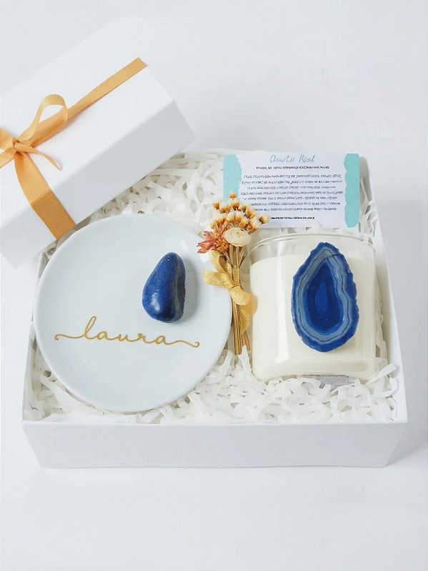 GIFT BOX ESSENTIAL | PORTA JOIAS QUARTZO AZUL | VELA ECOLÓGICA ÁGATA AZUL | CAIXA RÍGIDA PERSONALIZADA