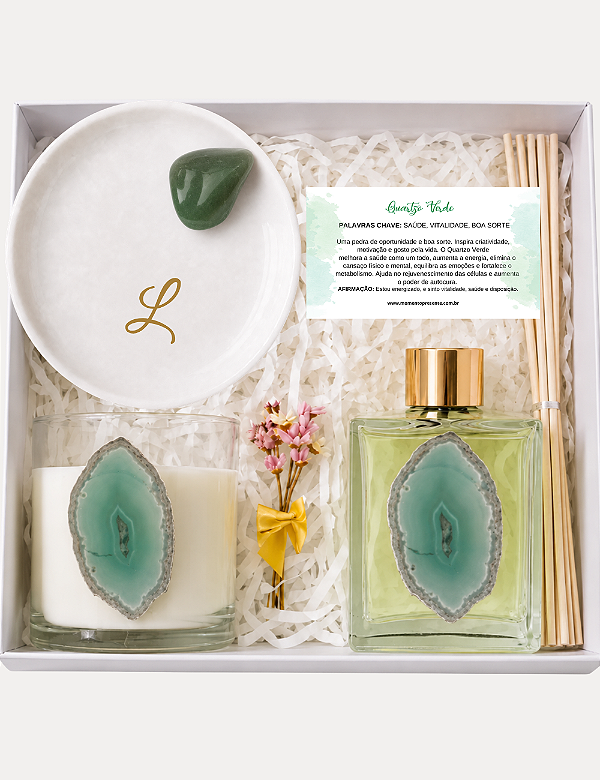 GIFT BOX VERDE HARMONIA | PORTA-JOIAS | VELA AROMA CHÁ BRANCO | AROMATIZADOR | PERSONALIZADO