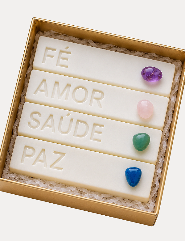 KiIT 4 VELAS INTENÇÕES | KIT 04 MINI CRISTAIS | CAIXA DOURADA VISOR