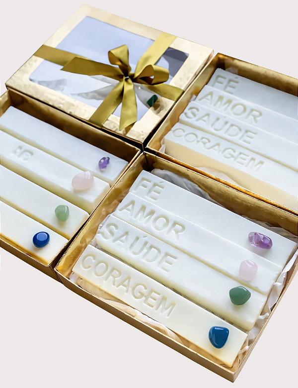 KiIT 4 VELAS INTENÇÕES | KIT 04 MINI CRISTAIS | CAIXA DOURADA VISOR