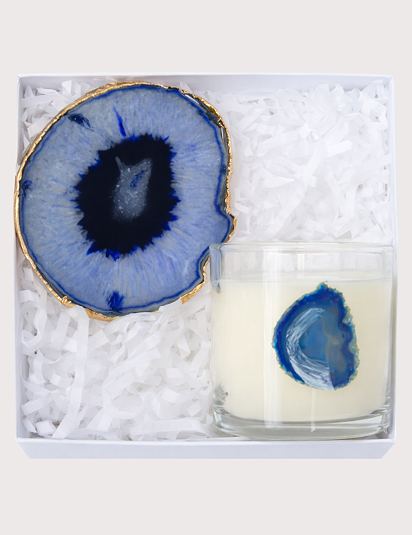 GIFT BOX LUZ - VELA ÁGATA AROMÁTICA COM PORTA VELAS EM ÁGATA NATURAL BORDA NATURAL