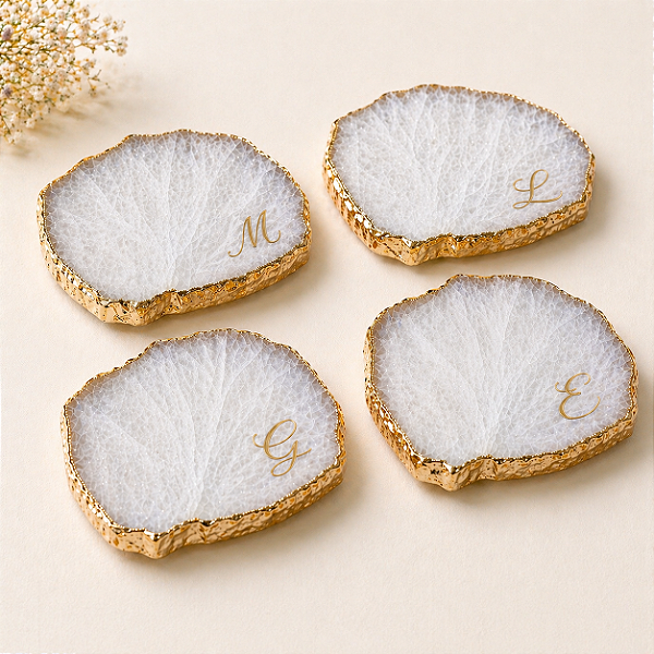 CONJUNTO 04 PORTA COPOS EM QUARTZO NA CAIXA PERSONALIZADA