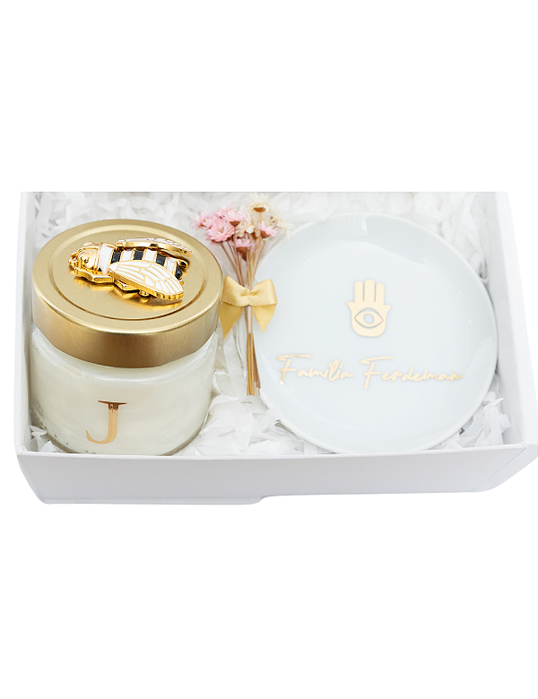 COLEÇÃO SHANA TOVA | GIFT BOX SHANA TOVÁ | VELA ECOLOGICA COM TAMPA E APLIQUE DE ABELHA | PORTA-JOIAS JOIA DO DIA