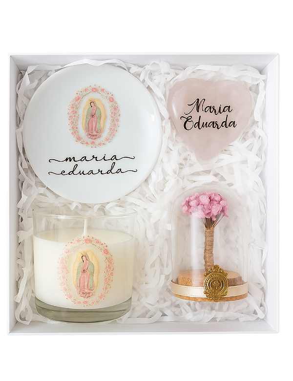 GIFT BOX GUADALUPE | VELA E PORTA JOIAS AMETISTA | CORAÇÃO QUARTZO ROSA | MINI REDOMA
