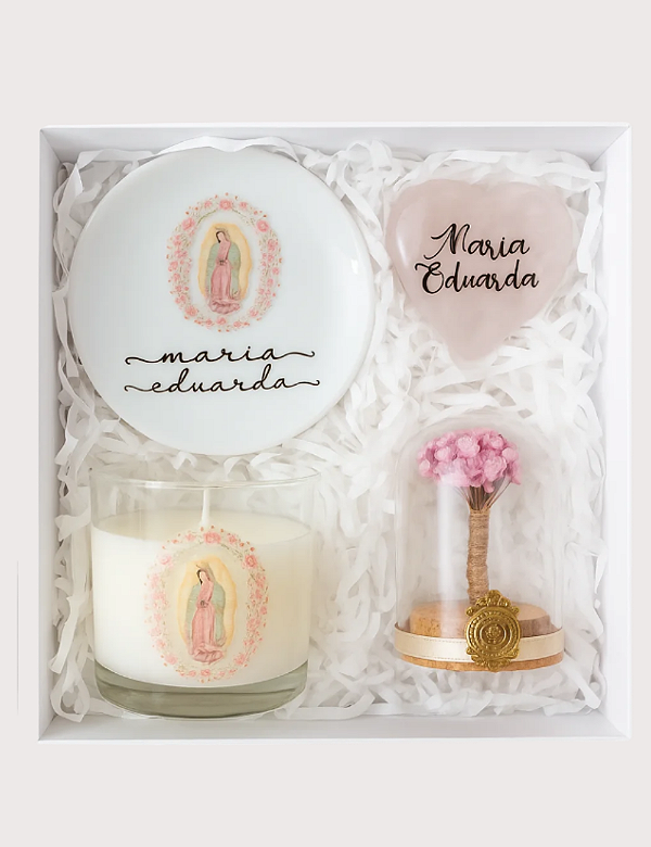 GIFT BOX GUADALUPE | VELA E PORTA JOIAS AMETISTA | CORAÇÃO QUARTZO ROSA | MINI REDOMA