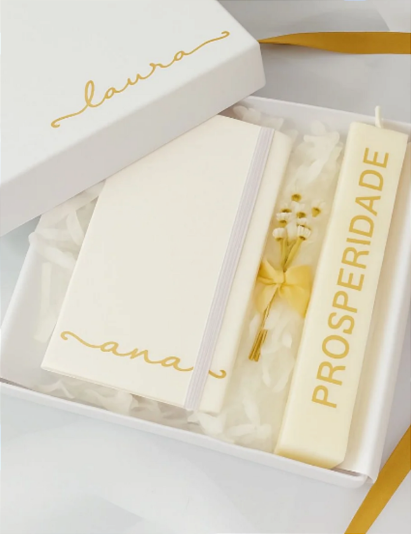 GIFT BOX PLANEJAR | MOLESKINE DE BOLSA | VELA DAS INTENÇÕES DECORATIVA |