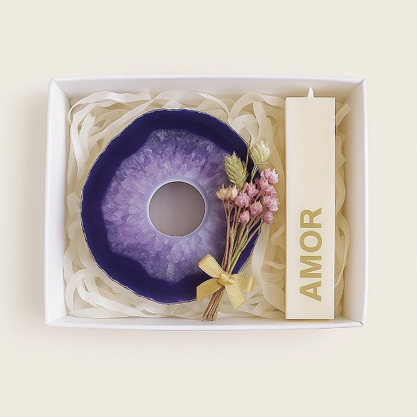 PORTA-VELA DAS INTENÇÕES | ÁGATA ROXA | VELA DAS INTENÇÕES DECORATIVA | GIFT BOX | COLEÇÃO DESEJO A VOCÊ