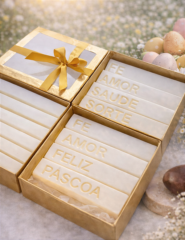 04 VELAS DAS INTENÇÕES FELIZ PÁSCOA| GIFT BOX DOURADA VISOR TRANSPARENTE | COLEÇÃO PÁSCOA
