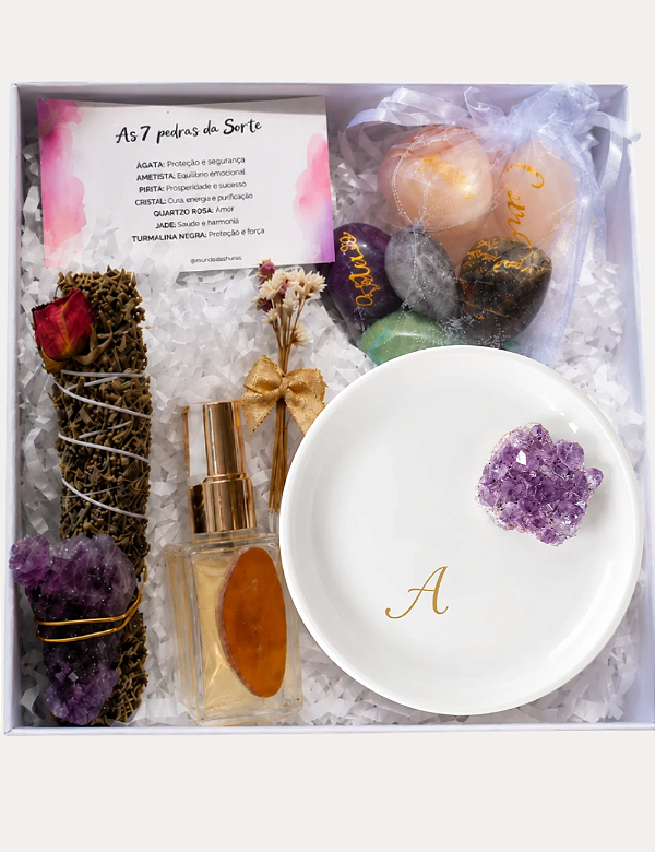GIFT BOX BOAS ENERGIAS | AROMATIZADOR / PORTA-JOIAS DRUSA DE AMETISTA | KIT 07 PEDRAS DA SORTE | PERSONALIZADO