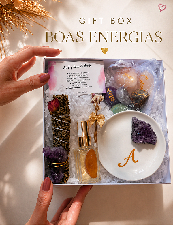 GIFT BOX BOAS ENERGIAS | AROMATIZADOR / PORTA-JOIAS DRUSA DE AMETISTA | KIT 07 PEDRAS DA SORTE