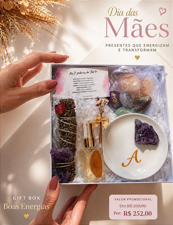 GIFT BOX BOAS ENERGIAS | AROMATIZADOR / PORTA-JOIAS DRUSA DE AMETISTA | KIT 07 PEDRAS DA SORTE