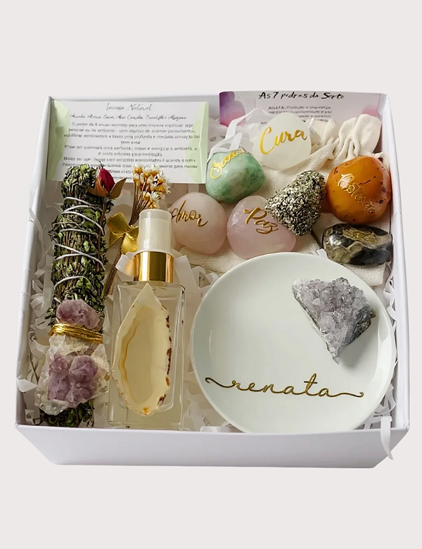 GIFT BOX BOAS ENERGIAS | AROMATIZADOR / PORTA-JOIAS DRUSA DE AMETISTA | KIT 07 PEDRAS DA SORTE