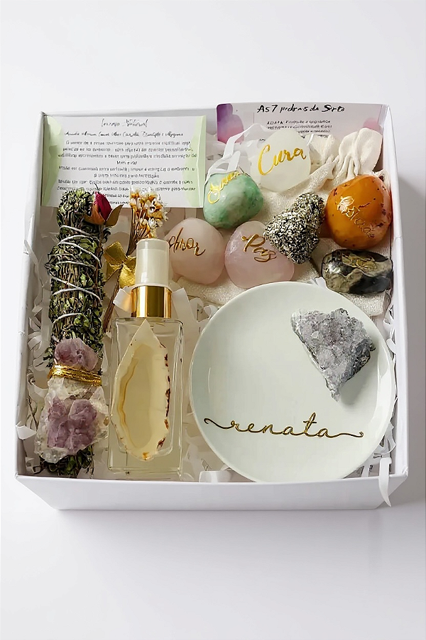 GIFT BOX BOAS ENERGIAS | AROMATIZADOR / PORTA-JOIAS DRUSA DE AMETISTA | KIT 07 PEDRAS DA SORTE