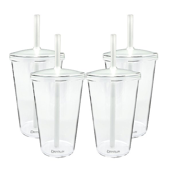 Jogo de Copos com Tampa e Canudo 550ml - Acrílico 4 Peças