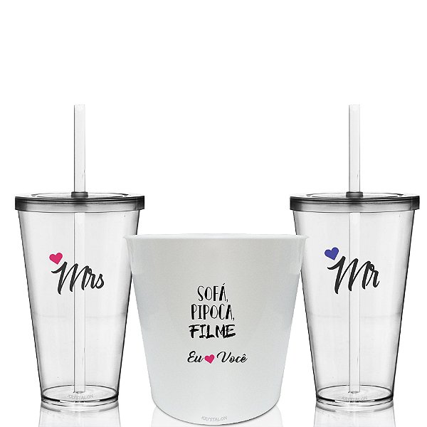 Balde de Pipoca com Copo para Dia dos Namorados - Kit com 2 Copos Personalizados Mrs e Ms