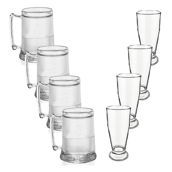 Kit 4 Canecas Gel Congelante 400ml e 4 Copos Tulipa 330ml - Acrilico