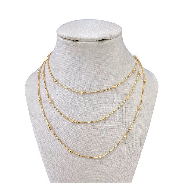 Colar Triplo Folheado Ouro 18k e Prata 925 Bolinhas