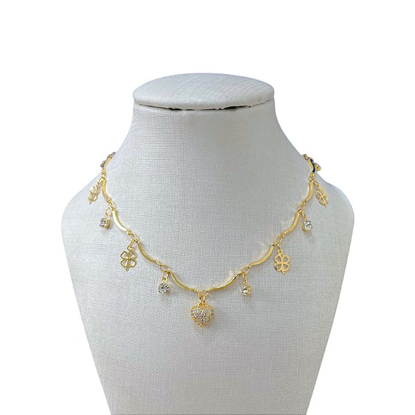 Choker Folheada Ouro 18k Trevos Coração