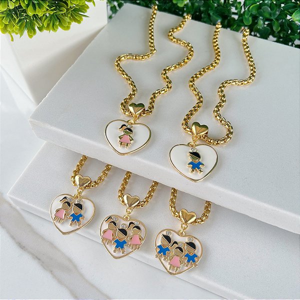 Colar Folheado Ouro 18k Coração Resinado Filhos