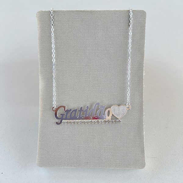 Colar Folheado Prata 925 Gratidão Strass