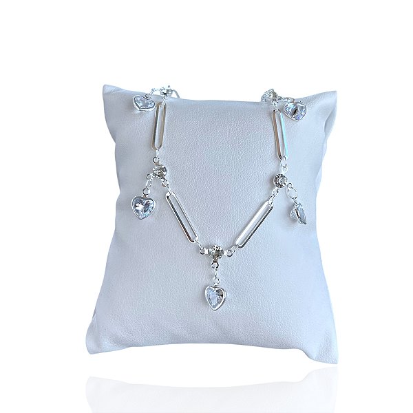 Pulseira Folheada Prata 925 Corações Cristais
