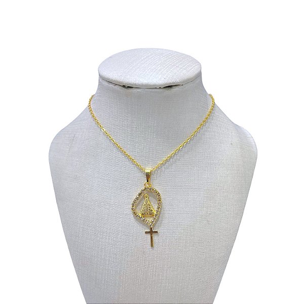 Colar Folheado Ouro 18k e Prata 925 Nossa Senhora Strass