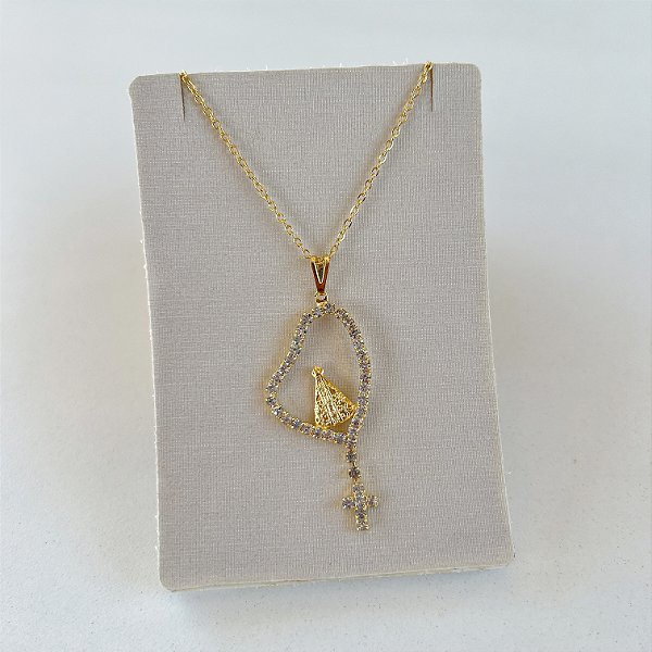 Colar Folheado Ouro 18k e Prata 925 Nossa Senhora Strass