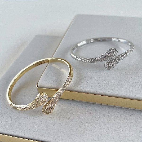 Bracelete Folheado Ouro 18k e Prata 925 Gota Dupla Cravejado