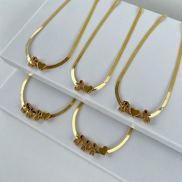 Choker Folheada Ouro 18k Fita Laminada Filhos Coração