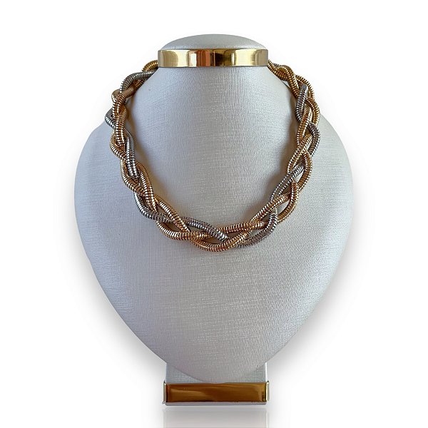 Colar Bijuteria Dois Banhos Trançado Grosso