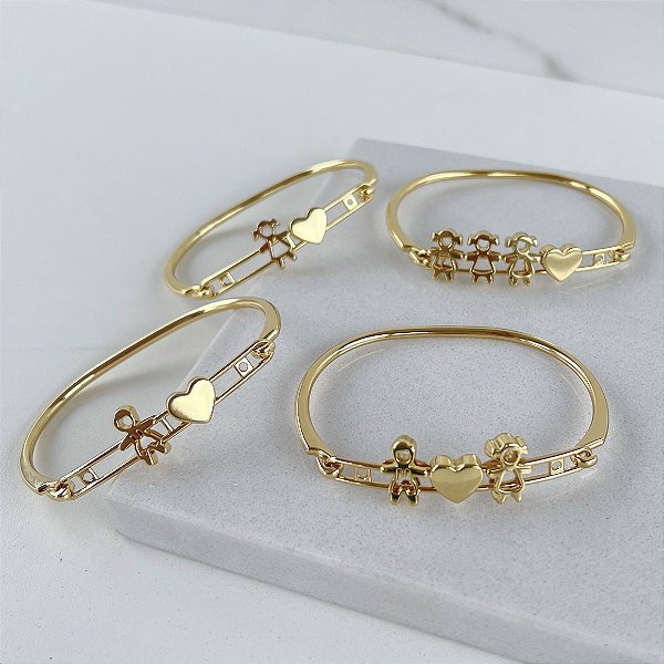 Bracelete Folheado Ouro 18k Filhos Coração Personalizado