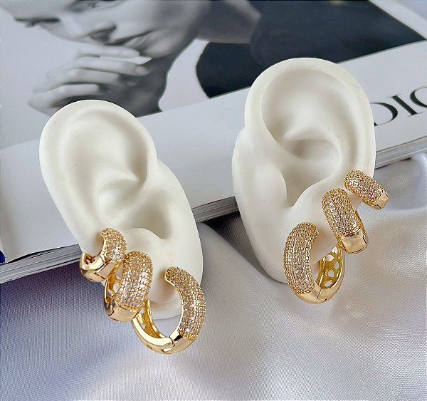 Trio Brincos Folheado Ouro 18k e Prata 925 Argolas Cravejadas
