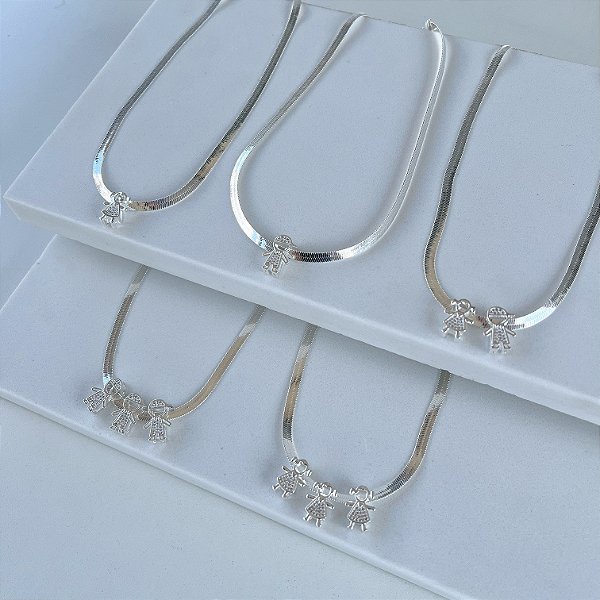 Choker Folheada Prata 925 Fita Laminada Filhos Cravejados