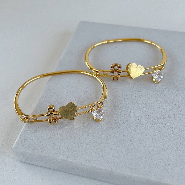 Bracelete Folheado Ouro 18k Filhos Coração Personalizado Ponto de Luz