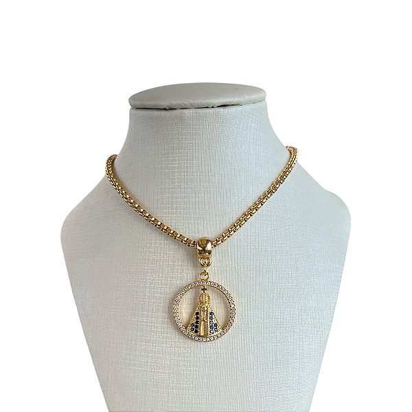 Colar Folheado Ouro 18k Correntaria Nossa Senhora Cravejada