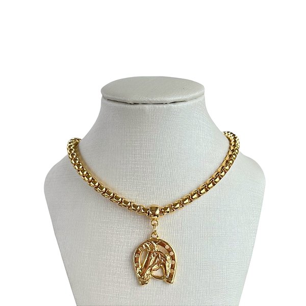 Colar Folheado Ouro 18k Correntaria Country Cavalo Ferradura