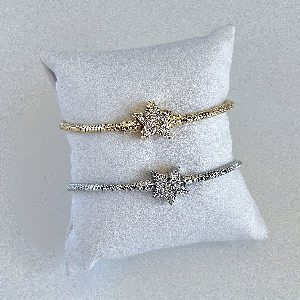 Pulseira Inspired Pandora Estrela Cravejada Folheada Ouro 18k e Prata 925
