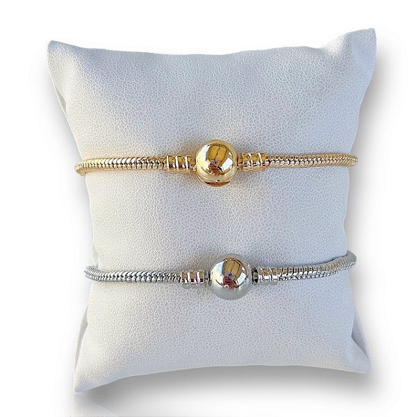 Pulseira Inspired Pandora Bolinha Folheada Ouro 18k e Prata 925