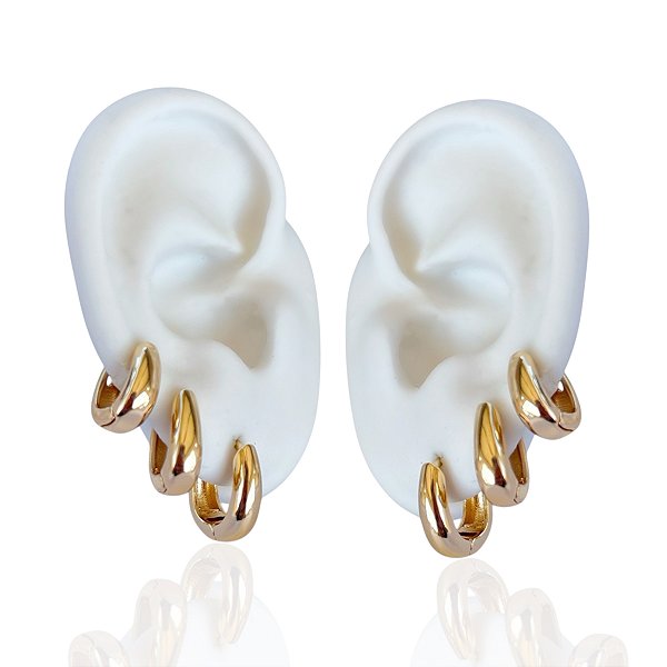 Trio Brincos Folheado Ouro 18k e Prata 925 Argolas Gota Abaulada