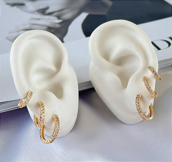 Trio Brincos Folheado Ouro 18k e Prata 925 Argolas Cravejada