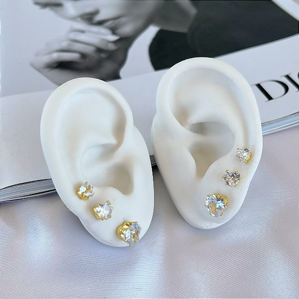 Trio Brincos Folheado Ouro 18k Coração