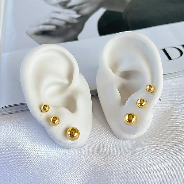 Trio Brincos Folheado Ouro 18k e Prata 925 Bolinha