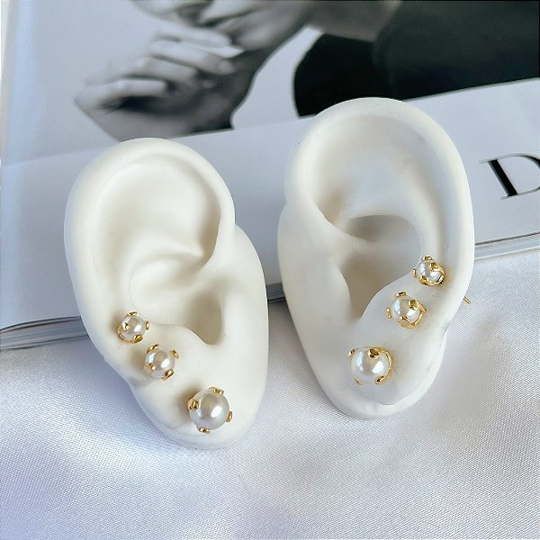 Trio Brincos Folheado Ouro 18k e Prata 925 Pérola