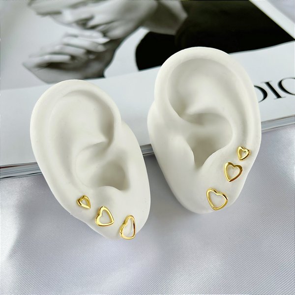 Trio Brincos Folheado Ouro 18k e Prata 925 Coração